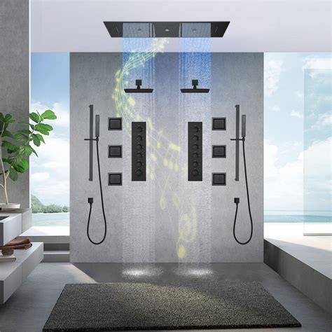 MULTNOMAH| 36" IN DUAL SHOWERHEAD COMPLETE LED MUSIC SHOWER SET 6 BODY JETS 2x WALL MOUNTED ...