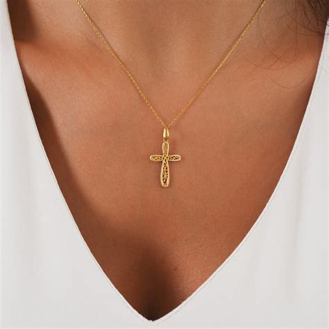 14K Solid Gold Cross Necklace for Women, Greek Pattern Cross Necklace ...