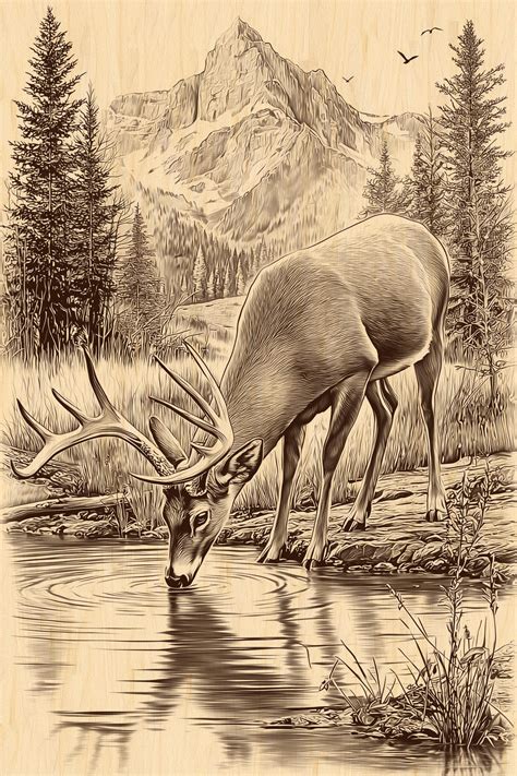 Rustic Deer Engraving PNG | Stag Drinking Water in Mountain Forest ...