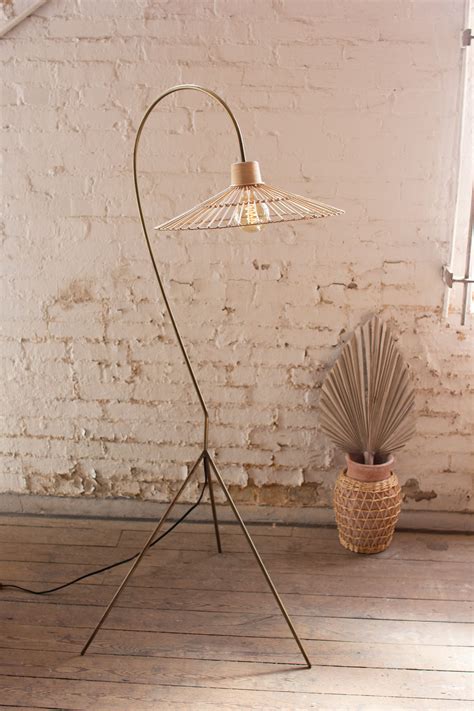 Kalalou Antique Brass Finish Floor Lamp with Rattan Umbrella Shade ...