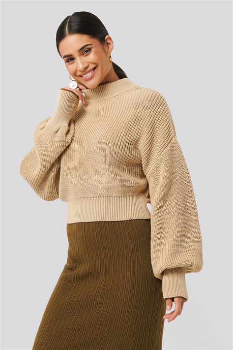 Wide Rib Balloon Sleeve Sweater Beige | NA-KD