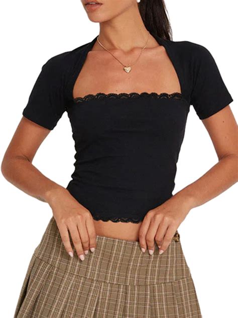 AmShibel Womens Summer Short Sleeve T-Shirts Contrast Lace Square Neck ...