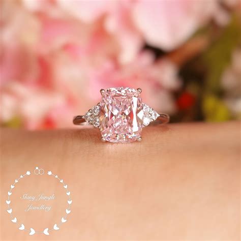 Pink diamond ring, 3 stone style engagement ring, 3 carats cushion cut ...