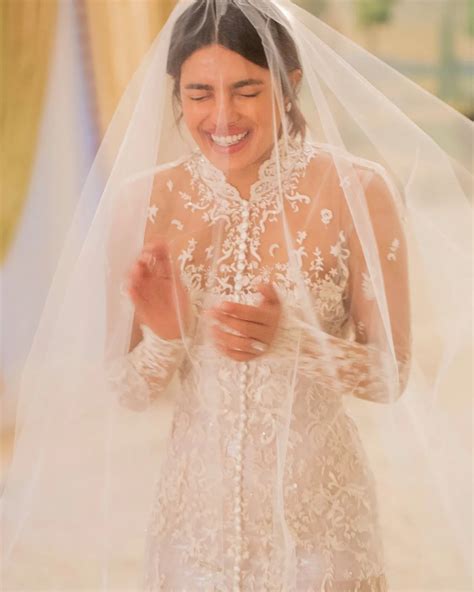 Priyanka Chopra High Neck Illusion Lace Wedding Dress - Lunss