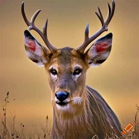 A deer with teary eyes looking at a lion in a large field. JPG format ...