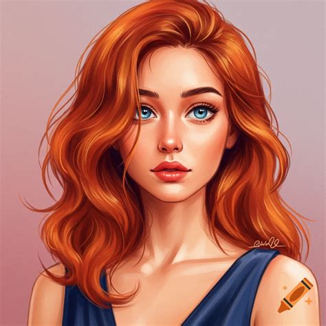 Painted portrait of a smiling woman with red hair, blue eyes, and a black bra on Craiyon