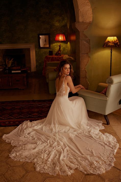 66286: Chiffon A-Line Bridal Dress with Plunging Lace Bikini Bodice | Lillian West