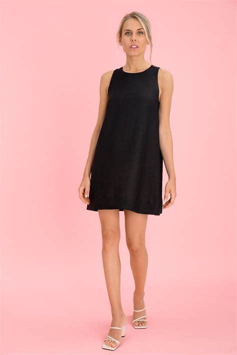 Black Linen Mini Dress. Short Linen Dress With Fancy Hem. Short Black ...