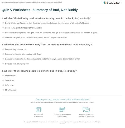 Quiz & Worksheet - Summary of Bud, Not Buddy | Study.com