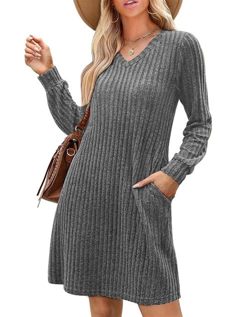 SIEANE Womens Long Sleeve Sweater Dresses V Neck Casual Fall Dresses ...
