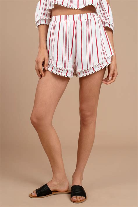 Red Shorts - Ruffled Shorts - Red Striped Shorts - Pom Trimmed Shorts