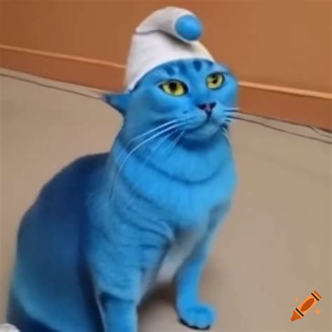 Funny meme of a blue cat as a smurf