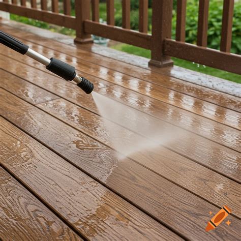 Pressure washing a composite deck with visible cleaning contrast on Craiyon