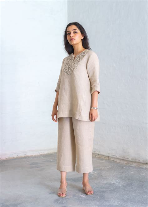 Ivory Beige Linen Ensemble with Cut-Fray Handwork | Linen suits women ...