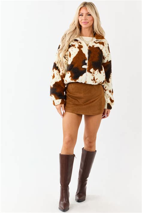 Lovelo Cream Cow Print Sherpa Zip Up Jacket | Lime Lush Boutique