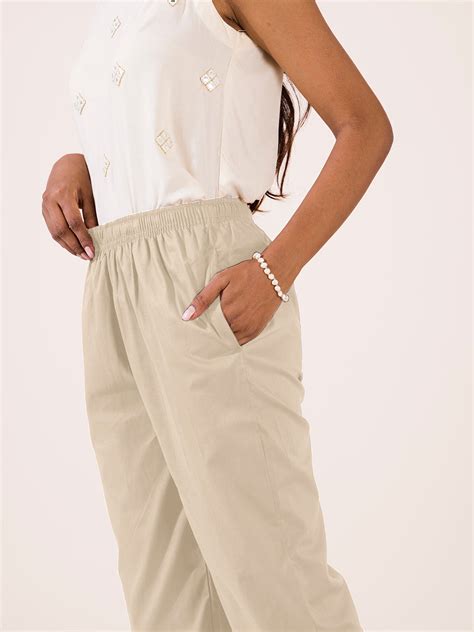 Women Solid Light Beige Comfort Fit Cotton Pants