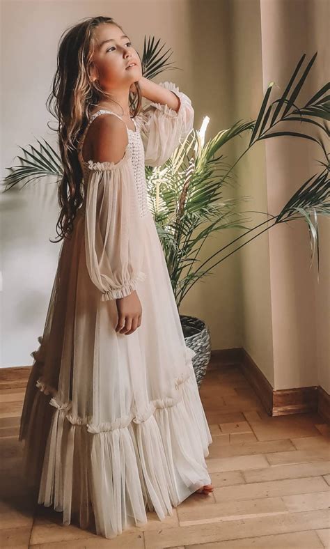 SERENA Rustic Flower Girl Dress With Crochet Top and Detachable Off- Shoulder Long Sleeves Gown ...