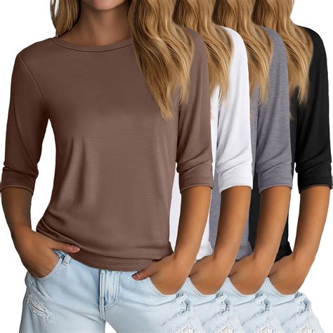 Huukeay 4 Pack Women's 3/4 Length Sleeve Tops Round Neck Casual Basic ...