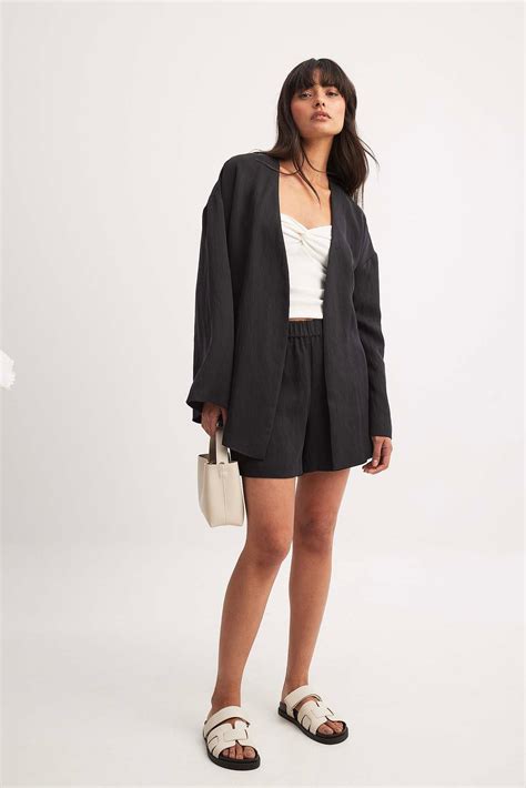 Elastic Waist Linen Blend Shorts Blue | NA-KD