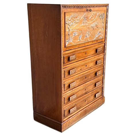 Spanish Fall-Front Secretary Desk in Carved Walnut, Spain, circa 1950 ...
