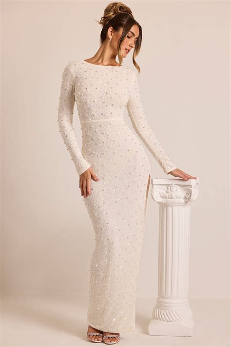 Vienna Embellished Long Sleeve Backless Maxi Dress in White | Oh Polly