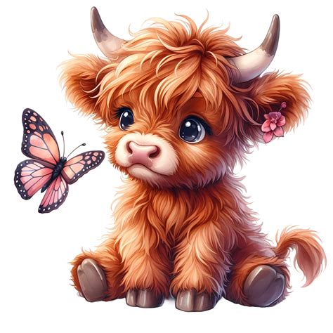 Highland Cow Butterfly Clipart, Cute Cartoon Highland Cows Butterflies ...