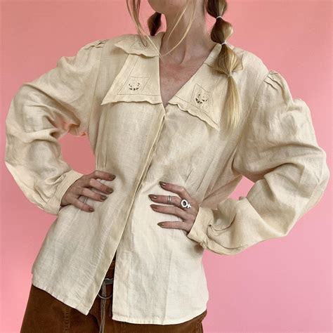 Beautiful warm cream vintage blouse with lovely... - Depop