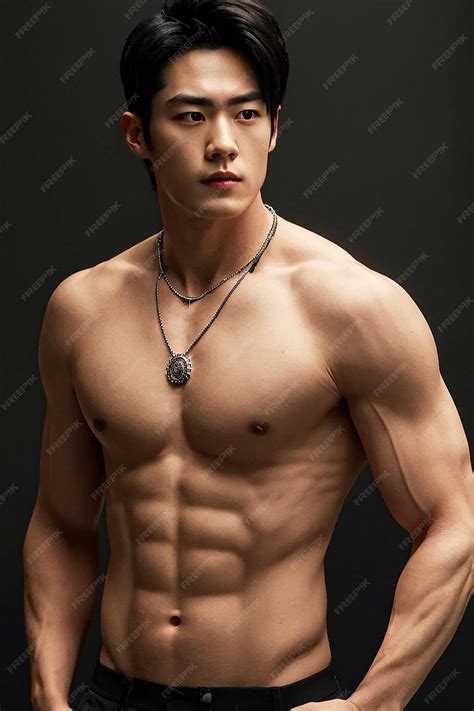 Beauty portrait of shirtless handsome Asian male model smiling on ...