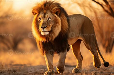 Adult male lion standing in the African savannah during the golden hour ...