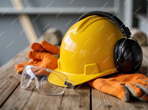 Standard Construction Safety Equipment on Wooden Table Personal ...