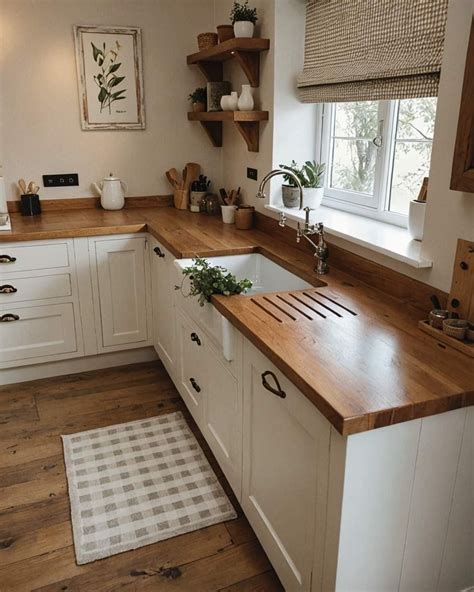Tiny Kitchen Design with White Cabinets and Wooden Countertops