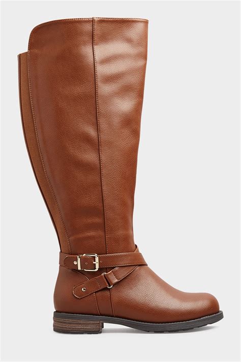 Brown Faux Leather Buckle Knee High Boots In Wide E Fit & Extra Wide ...
