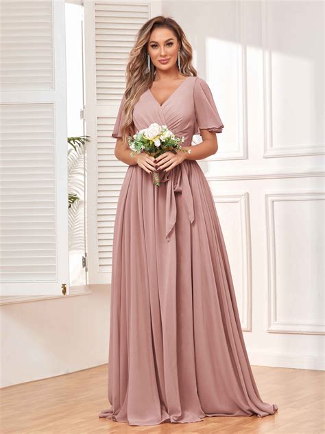 Naomi Modest Short Sleeves Floor Length Bridesmaid Dresses