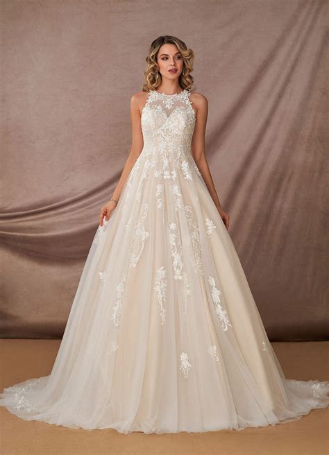 Azazie Melrose Diamond White Nude A-Line Sweetheart Lace Tulle Dress ...