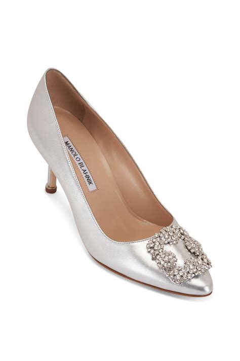 Manolo Blahnik - Hangisi Silver Leather Embellished Pump, 70mm