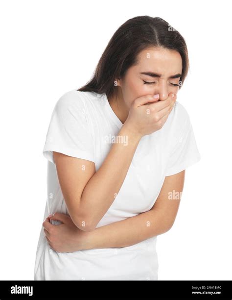 Young woman suffering from stomach ache and nausea on white background ...