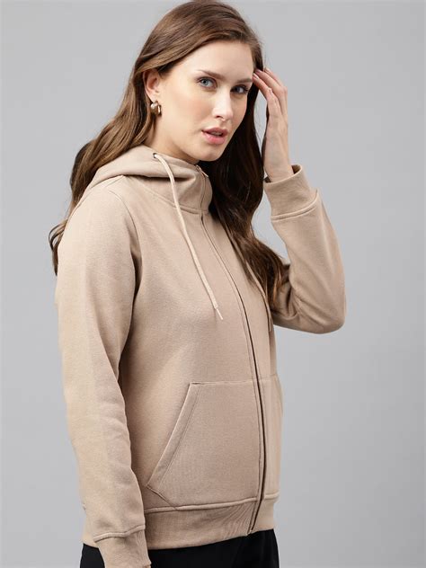 Hancock Women Beige Solid Front Open Zipper Hooded Sweatshirt