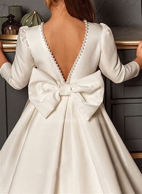 A-Line Scoop Neck 3/4 Sleeves Sweep Train Satin Flower Girl Dresses With Bow(s) - Missacc