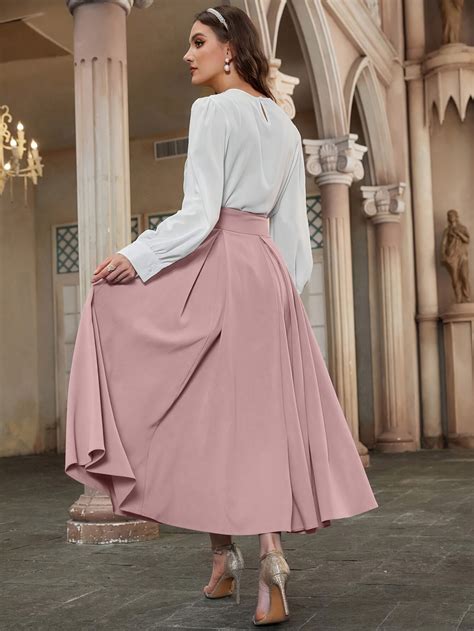 Solid Color Ankle Length Pleated Skirt, Elegant High Waist Skirt For ...