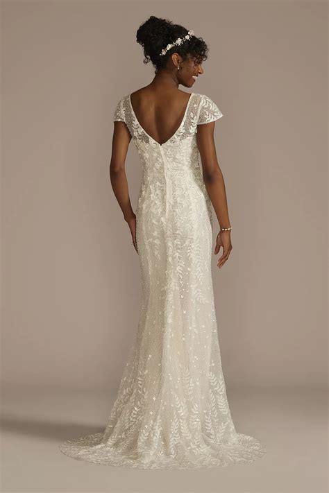 Cap Sleeve V-Neck Beaded Lace Sheath Wedding Dress | David's Bridal