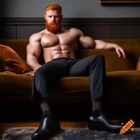 Muscular redhead man in black suit sitting on couch, high quality ...