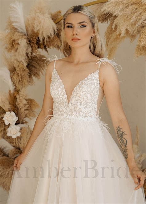 Rustic A Line Floral Wedding Dress with Feathers and Detachable Sleeve