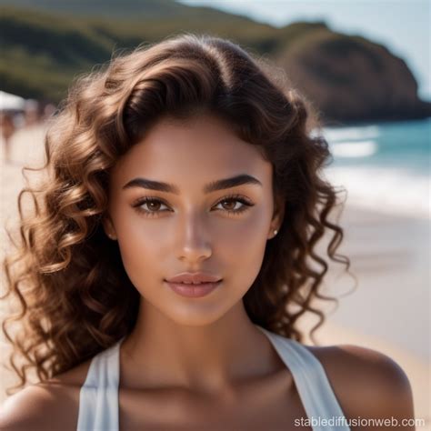 Tanned 21-Year-Old Woman, Feline Demeor on Beach | Stable Diffusion Online