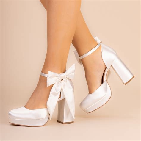 White Satin Platform Bridal Shoes Ivory Bridal Shoes With Crystals And