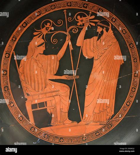 Hera and Prometheus, tondo of a 5th-century BCE cup from Vulci, Etruria ...