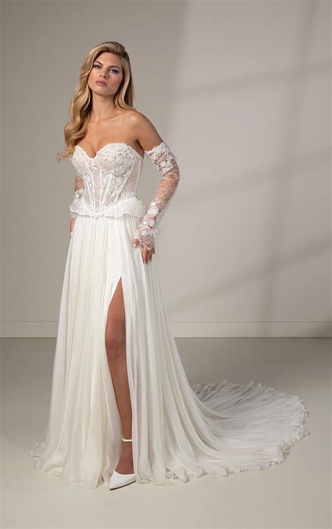 Daring A-Line Wedding Gown with Lace Peplum & High Leg Slit