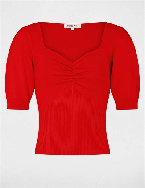 Short-sleeved jumper sweetheart neckline red ladies' | Morgan