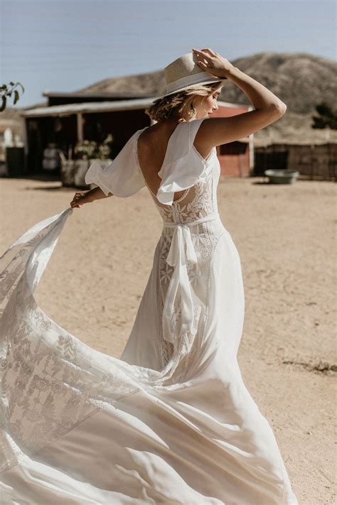 Hayley Romantic Wedding Dress | Cape Sleeves & Lace | Bohemian wedding dresses, Boho wedding ...