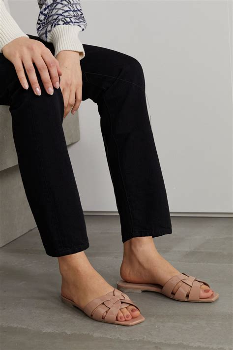 SAINT LAURENT Tribute woven patent-leather slides | Leather slides ...