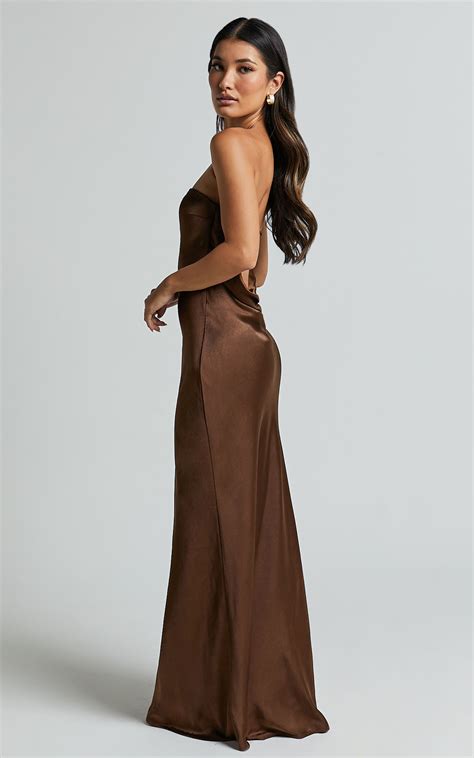 Charlita Maxi Dress - Strapless Cowl Back Satin Dress in Chocolate ...